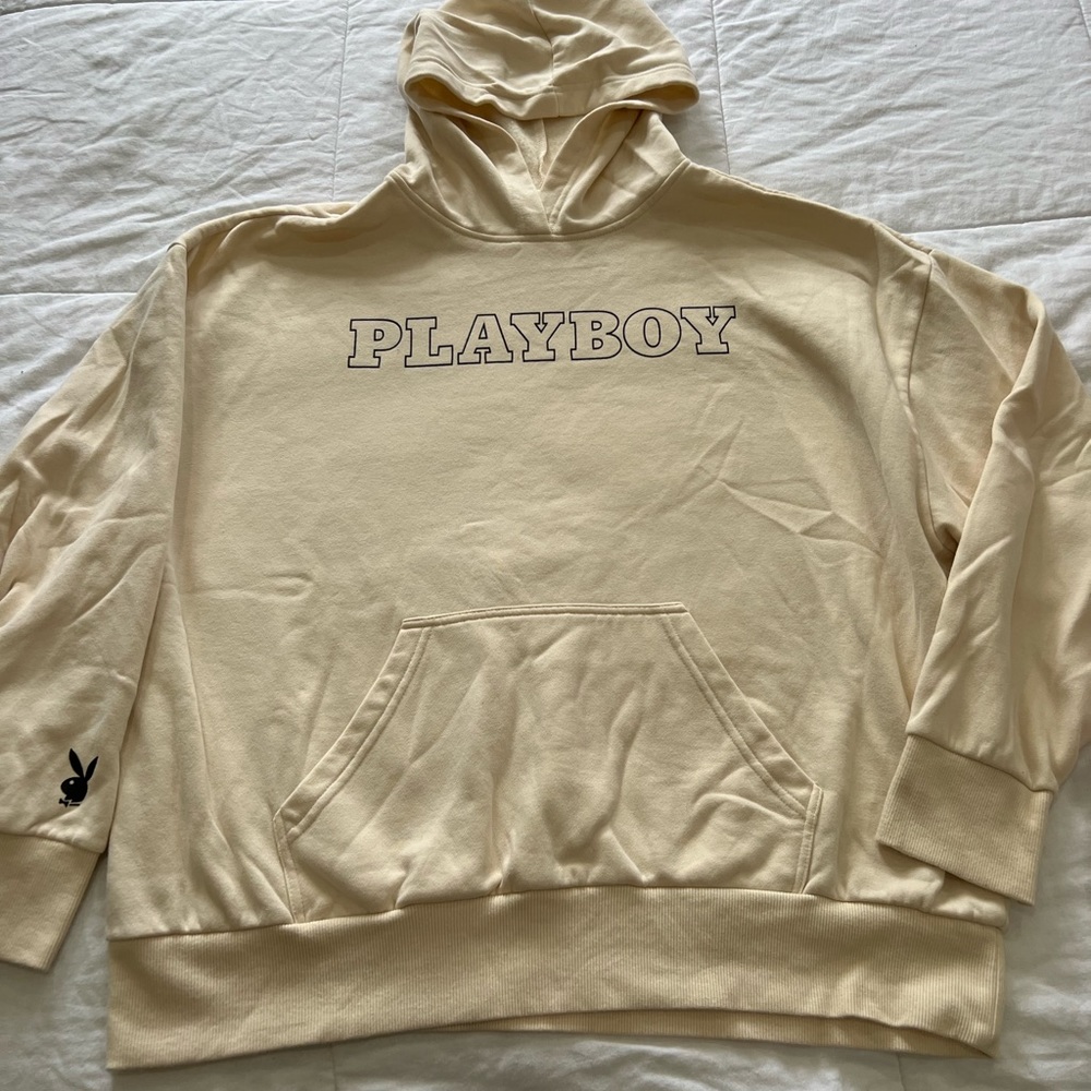 PacSun Creme Colored PlayBoy Oversized Hoodie Playboy Bunny on right hand sleeve